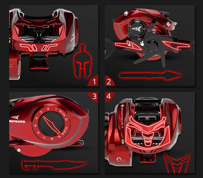 Close-up collage of red baitcasting fishing reel with Spartan design details and adjustment dial.