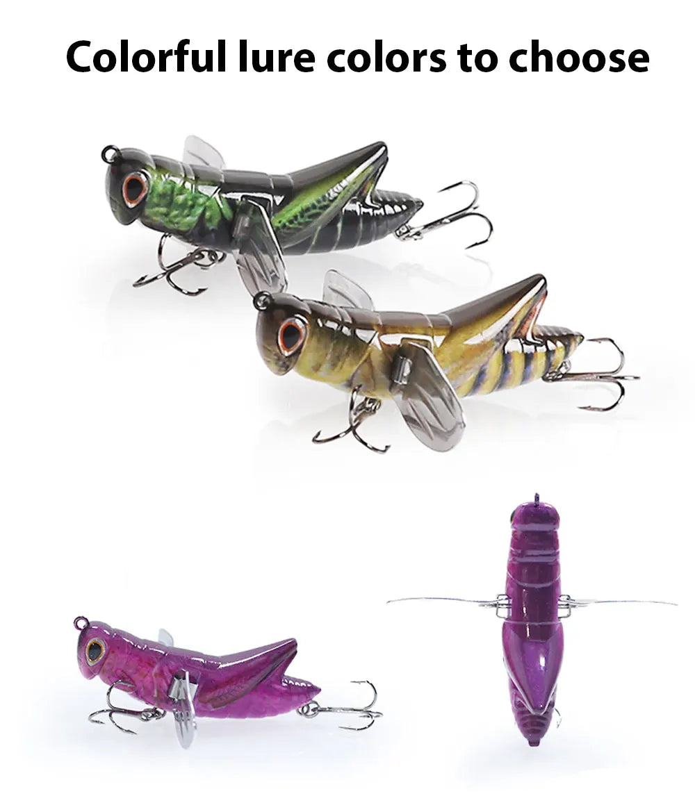 Assorted colorful grasshopper fishing lures with treble hooks for outdoor angling.