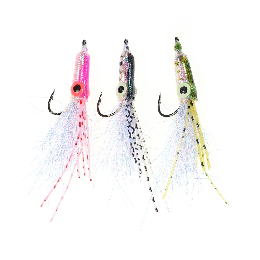 Colorful fishing lures with hooks, glittery bodies, and synthetic skirt tails on white background