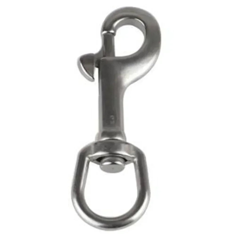 Polished 316 stainless swivel eye hook with curved loop and attached latch.
