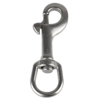 Polished 316 stainless swivel eye hook with curved loop and attached latch.
