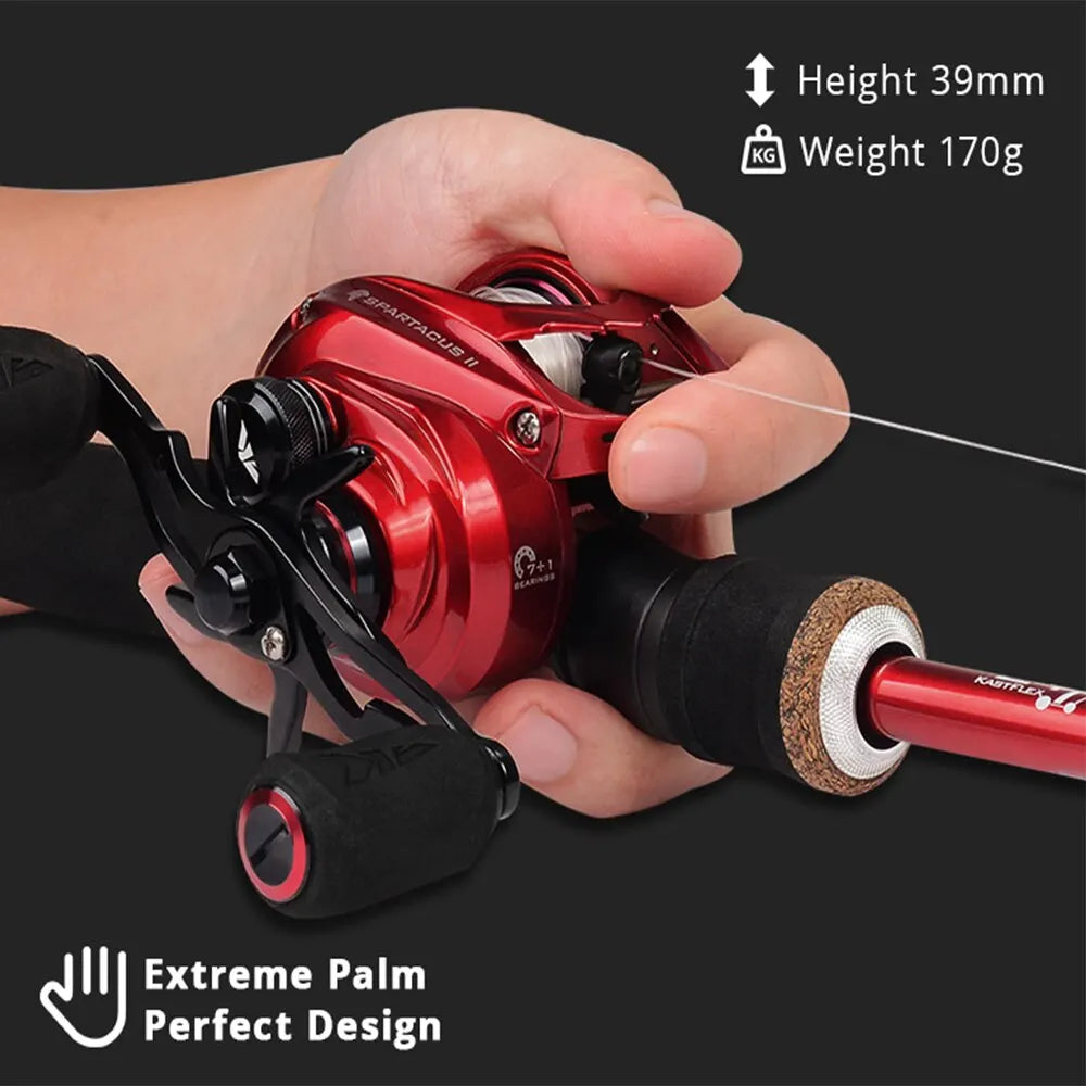 Red baitcasting fishing reel with ergonomic handle and palm grip, shown in hand