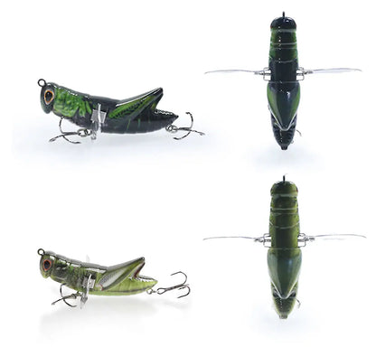 Realistic grasshopper fishing lures with treble hooks, shown from side and top views.