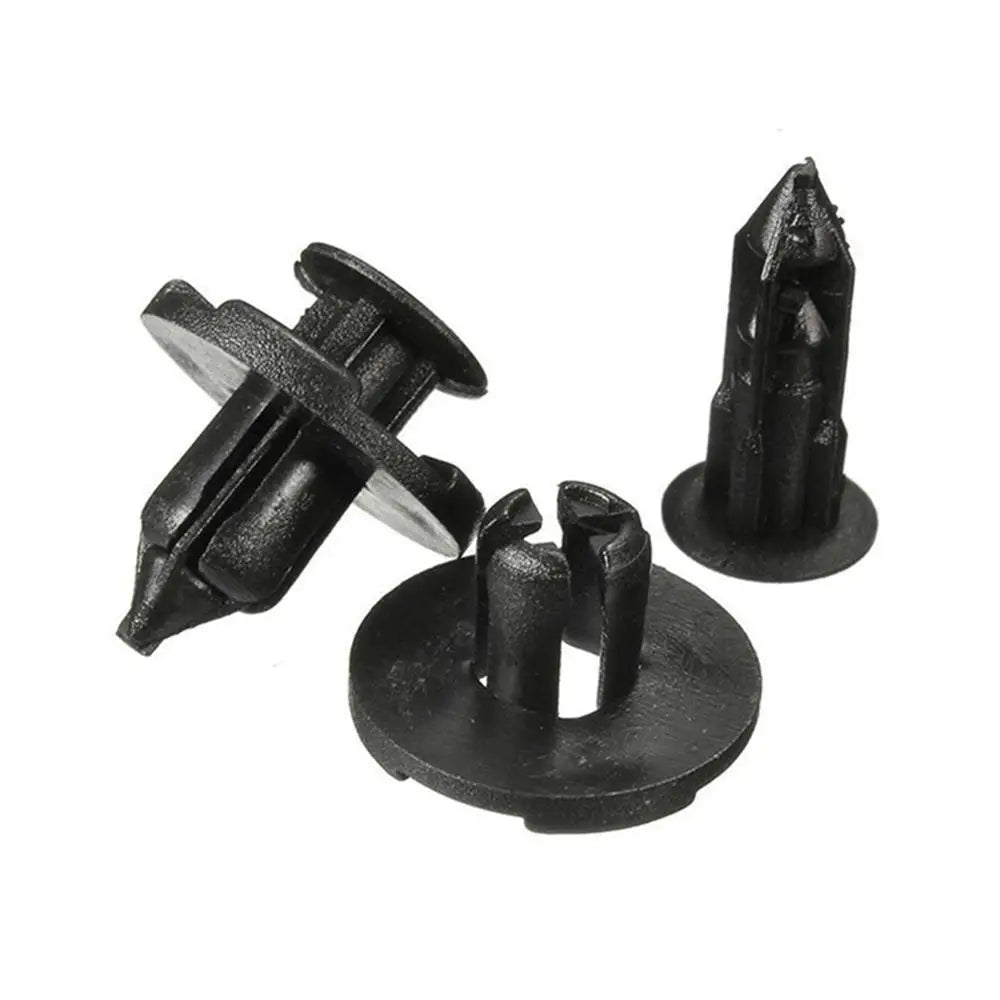 Set of black 8mm auto bumper clips with push-pin retainer for vehicle bumper trim.