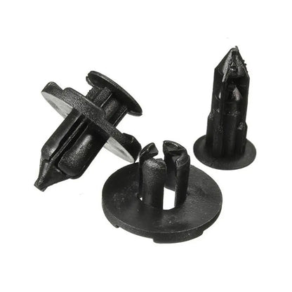 Set of black 8mm auto bumper clips with push-pin retainer for vehicle bumper trim.
