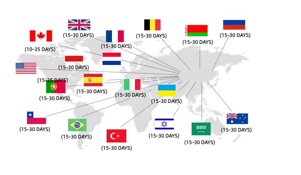 World map with country flags showing estimated shipping times for outdoor gear orders, 10-35 days.