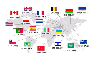 World map with country flags showing estimated shipping times for outdoor gear orders, 10-35 days.