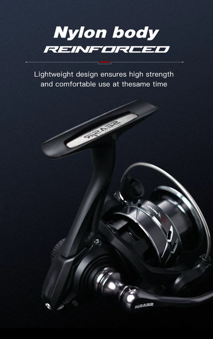 Black reinforced nylon fishing reel with lightweight design on dark background