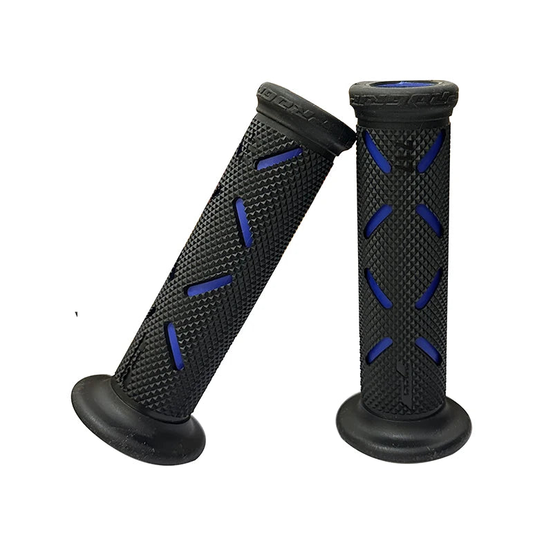 HookUpCo 22mm universal bike grips with black textured rubber and blue accents, pair shown.