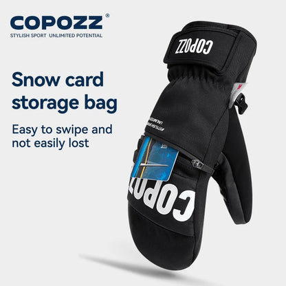 Black COPPOZZ snow card storage bag attached to a black glove on a light gray background