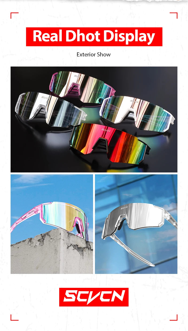 Colorful reflective sunglasses with 'SCYCN' branding on a white background.