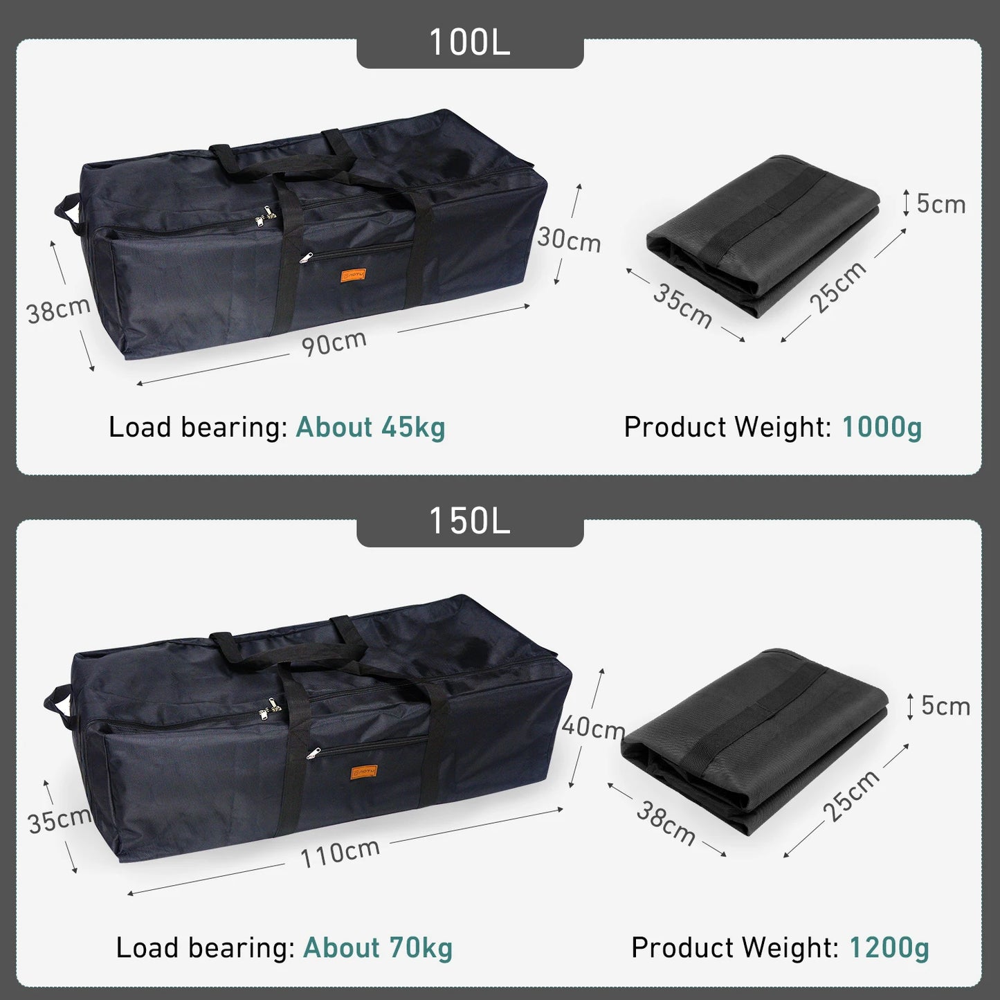 Black carrying bags with measurements and specifications on a gray background