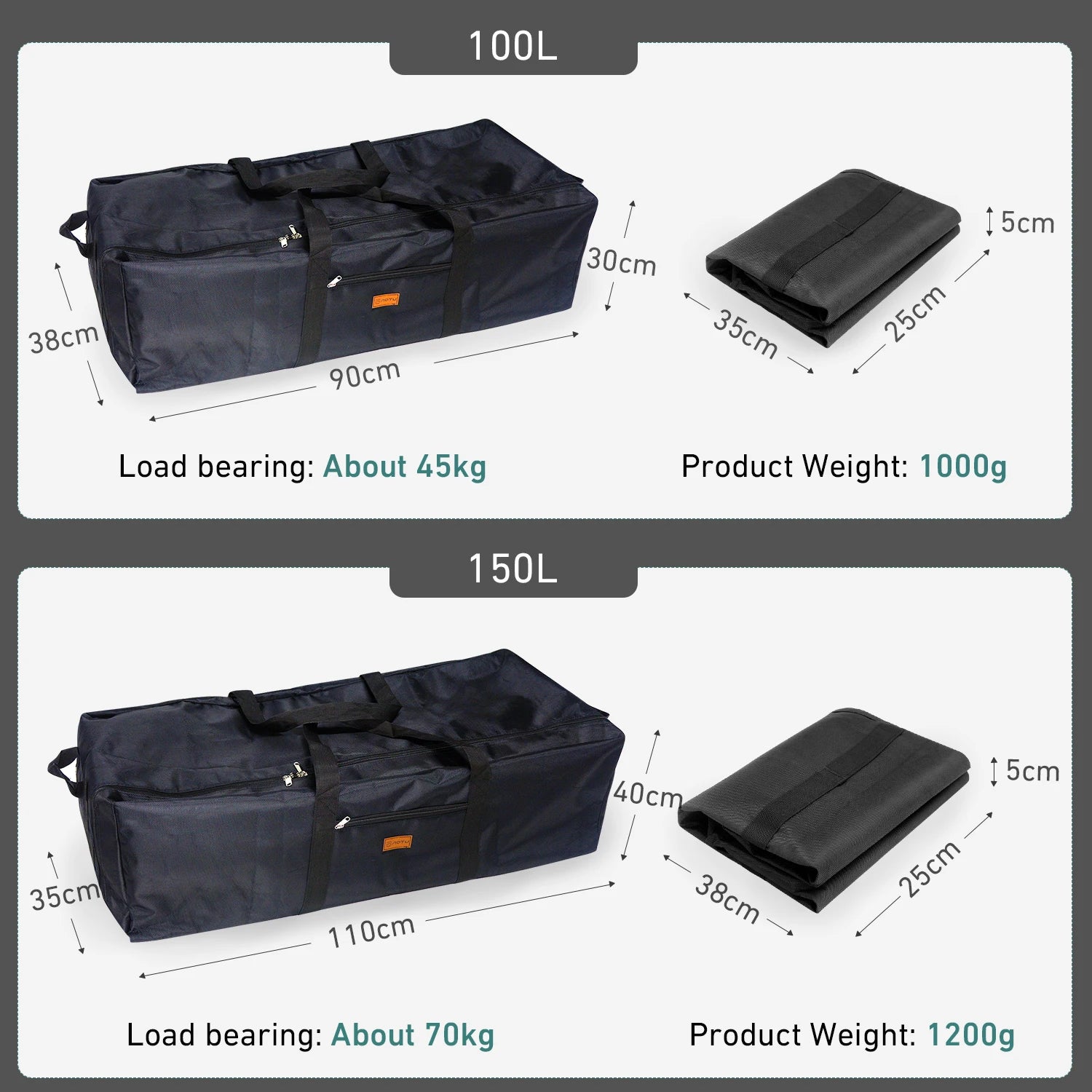 Black carrying bags with measurements and specifications on a gray background