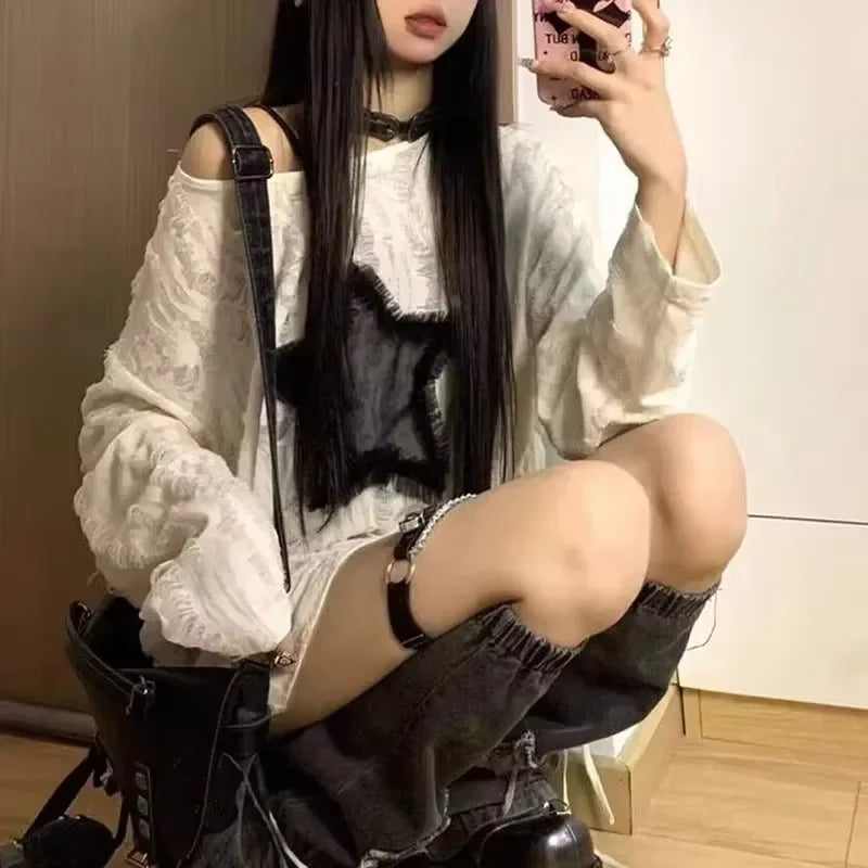 Harajuku Star Hollow Out Long Sleeve Casual T-Shirt for Women