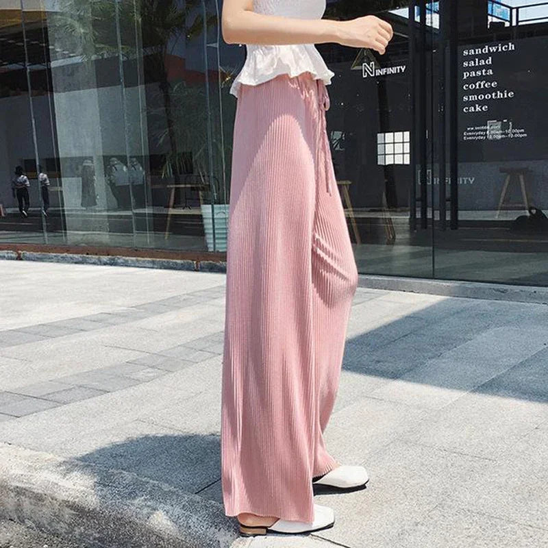 Summer Pleated Wide Leg Pants in Ice Silk for Effortless Style