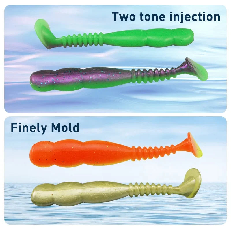 Colorful soft plastic fishing lures with paddle tails displayed on a water background