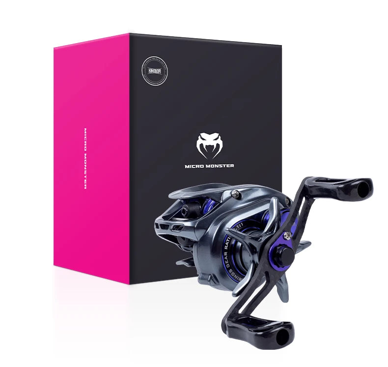 Baitcasting fishing reel in front of Micro Monster branded black and pink packaging