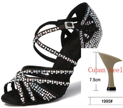 Satin Rhinestone Latin Dance Shoes for Women, Soft Sole