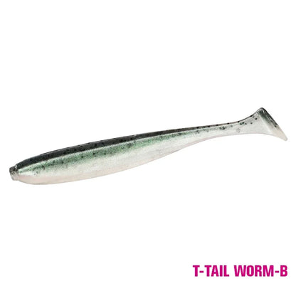 Realistic T-tail soft plastic fishing lure in green and silver, labeled T-Tail Worm-B.