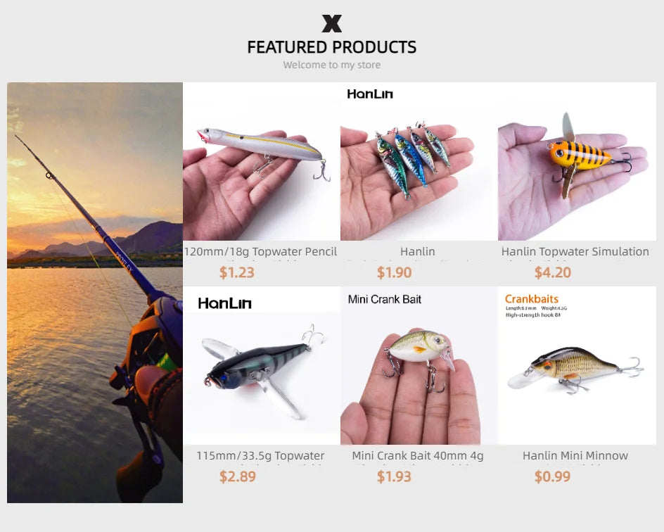 Fishing gear and assorted topwater and crankbait lures for sale, fishing at sunset.