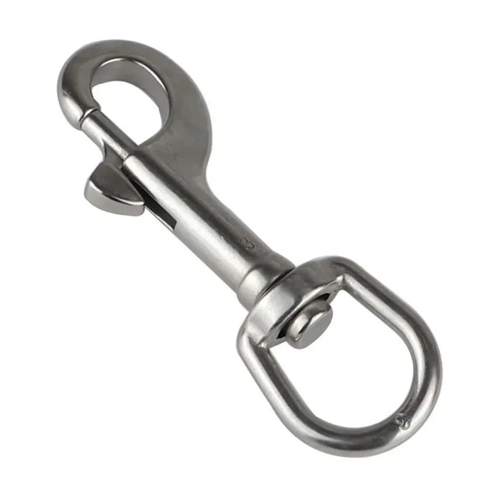 316 stainless steel swivel eye hook with spring latch, polished silver hardware for rigging and marine use.