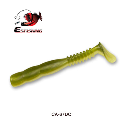 Green soft plastic fishing lure with paddle tail, ideal for freshwater angling.