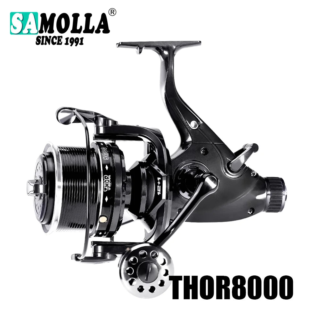 Heavy-duty black fishing reel labeled THOR8000 with ergonomic handle and metal spool