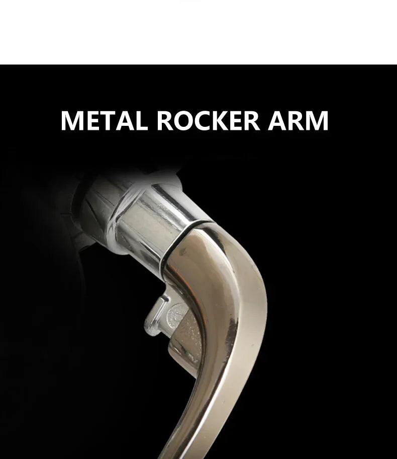 Close-up of a shiny metal rocker arm, durable outdoor gear accessory on black background.