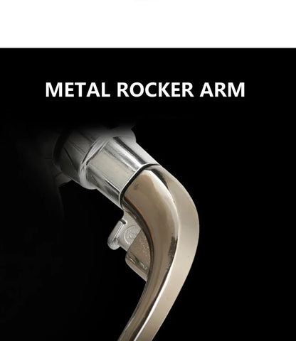 Close-up of a shiny metal rocker arm, durable outdoor gear accessory on black background.