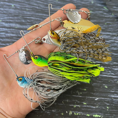 Hand holding assorted fishing spinnerbaits in vibrant colors, outdoor gear close-up