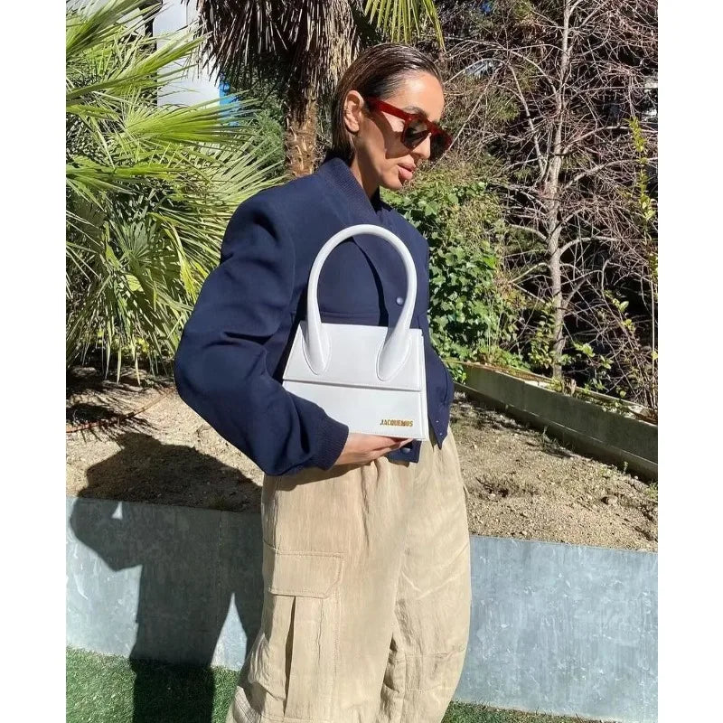 Woman Bomber Jacket White Autumn Winter Button Cropped Jackets Women Fashion Long Sleeve Coats