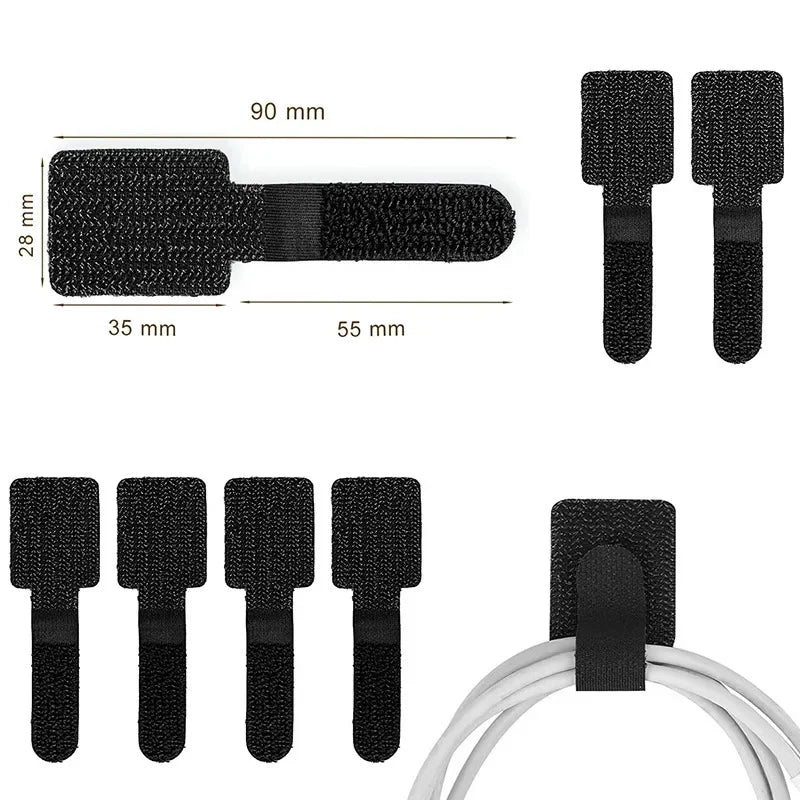 Set of 20 black woven cable straps with hook-and-loop closures for organizing cords.
