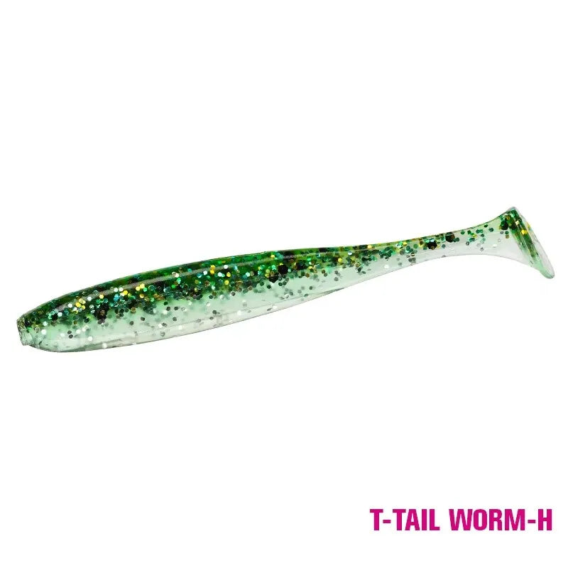 Green glitter T-tail soft plastic fishing lure for outdoor angling, labeled T-Tail Worm-H