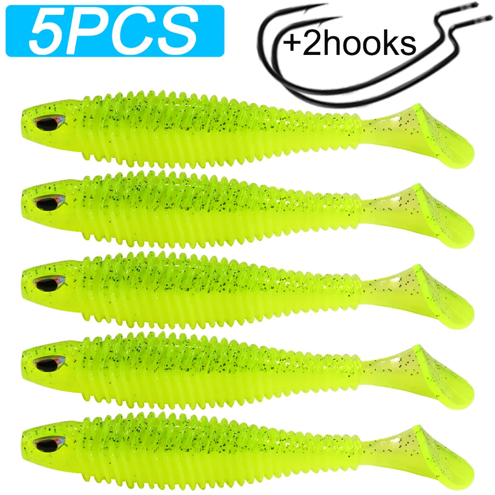 Five bright yellow soft plastic fishing lures with black specks and two hooks included.