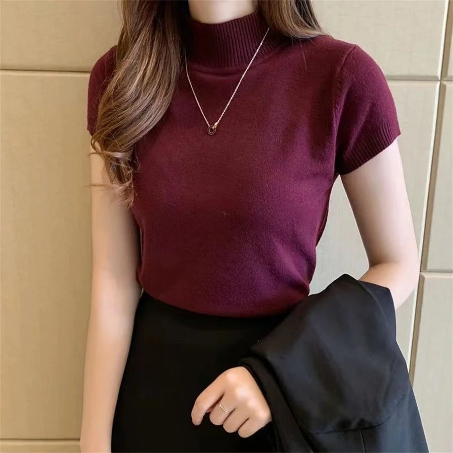 Summer Short Sleeve Turtleneck Knitted Blouse for Women