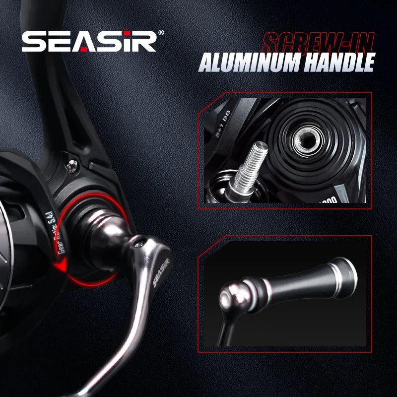 Close-up of SEASIR fishing reel with screw-in aluminum handle and detailed parts view