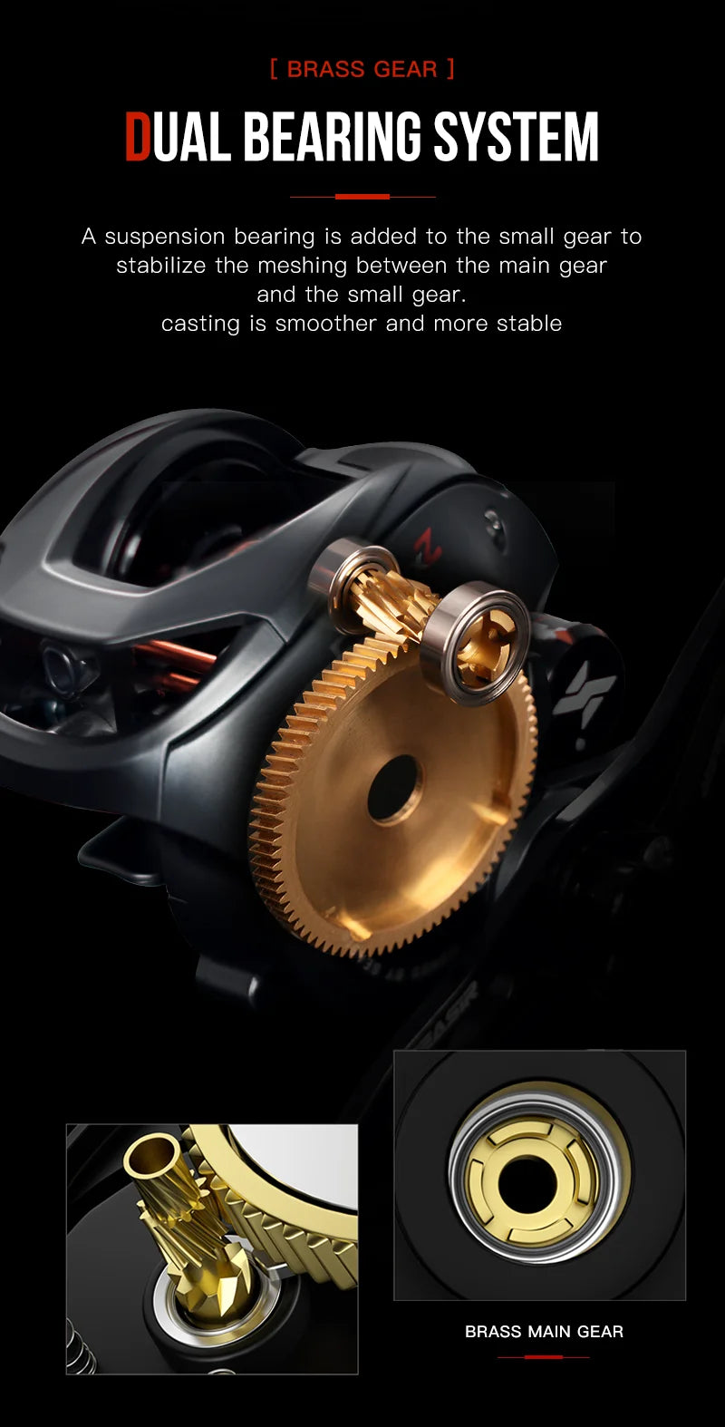 Close-up of a fishing reel dual bearing system with brass main gear for smooth casting.