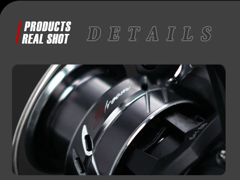 Close-up of a sleek metal fishing reel with precision details, ideal for outdoor gear.