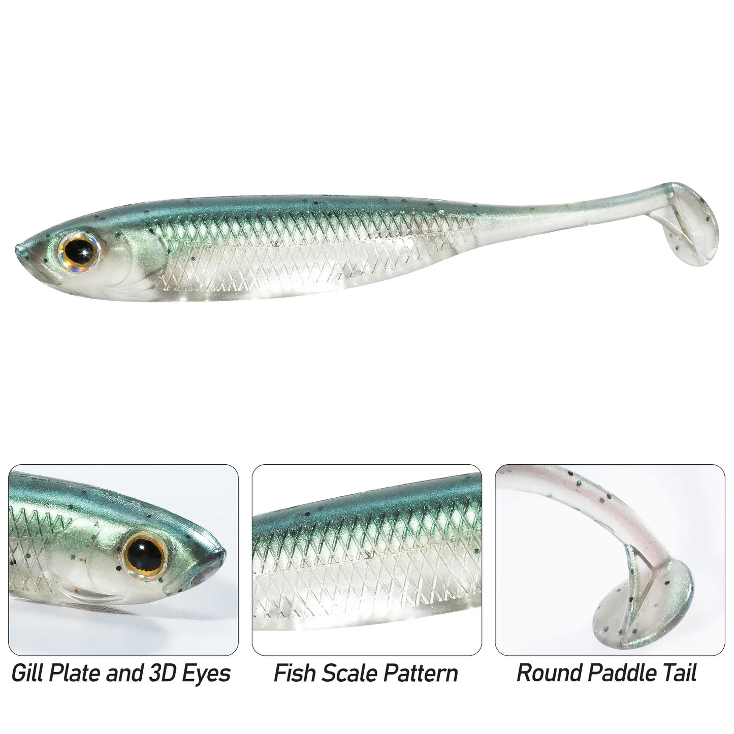 Realistic green and silver soft plastic fishing lure with 3D eyes, scale pattern, and paddle tail