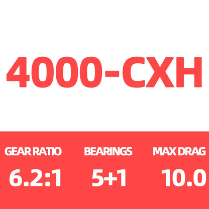 Fishing reel specs: 4000-CXH, gear ratio 6.2:1, 5+1 bearings, 10.0 max drag.