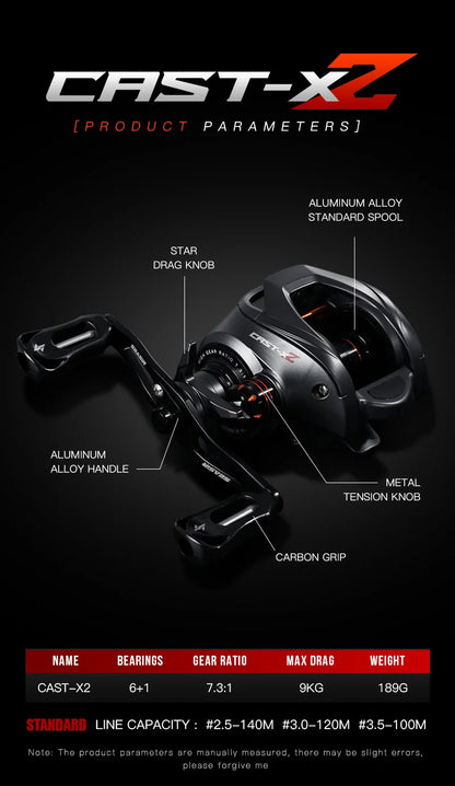 Black CAST-X2 baitcasting fishing reel featuring aluminum alloy handle, spool, star drag knob, metal tension knob, and carbon grip on a dark background.