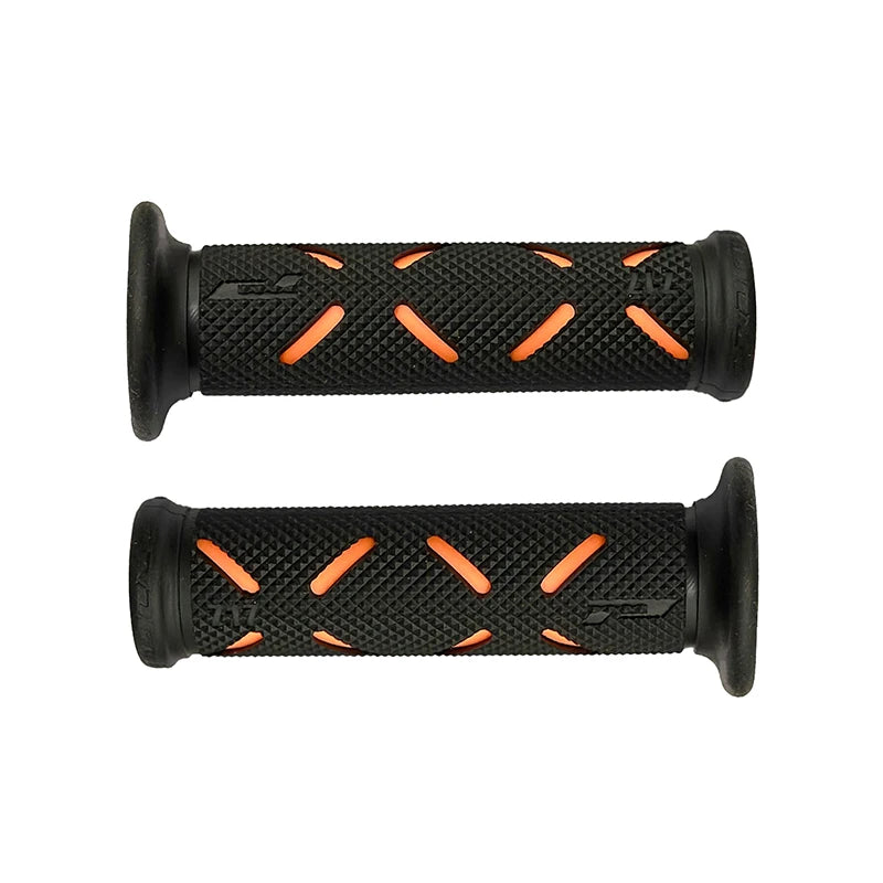 HookUpCo 22mm universal bike grips, black textured rubber with orange cross-slit pattern.