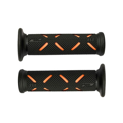 HookUpCo 22mm universal bike grips, black textured rubber with orange cross-slit pattern.