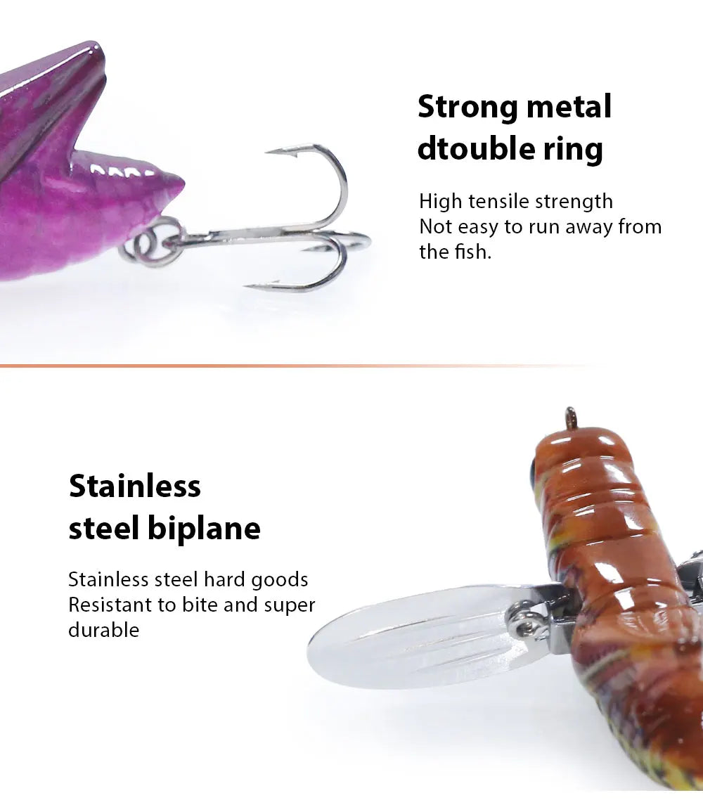Close-up of fishing lures with metal treble hooks and stainless steel biplane propellers, durable outdoor fishing gear.