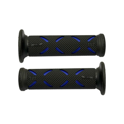 HookUpCo 22mm universal bike grips, black textured rubber with blue diamond pattern and end caps.