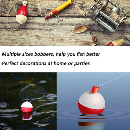 Red and white fishing bobbers in various settings, ideal for outdoor fishing gear and decor.