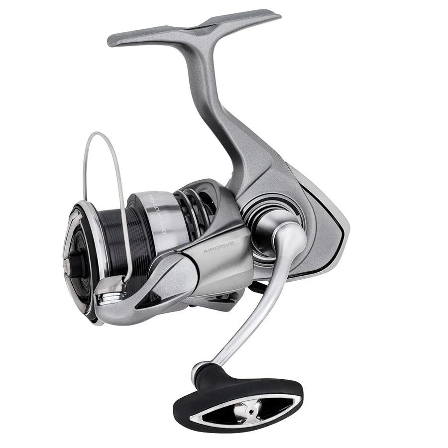 Lightweight spinning fishing reel in silver with ergonomic handle and modern design.