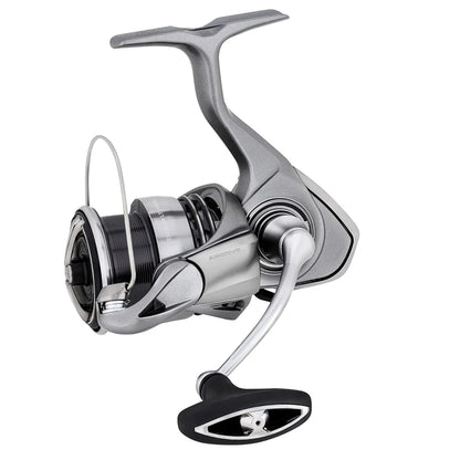 Lightweight spinning fishing reel in silver with ergonomic handle and modern design.