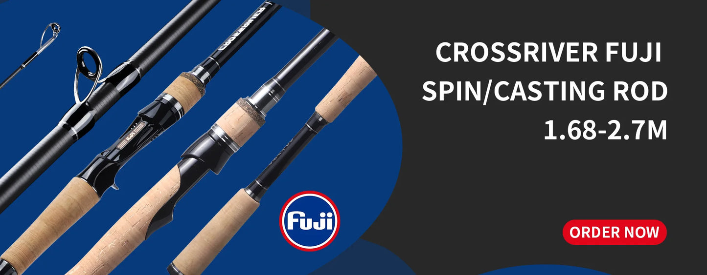 Close-up of Crossriver Fuji spin casting fishing rods with cork handles on blue and black background
