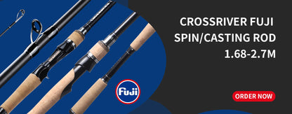 Close-up of Crossriver Fuji spin casting fishing rods with cork handles on blue and black background
